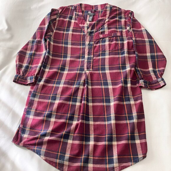 Logan Hill | 100% Cotton Long Sleeve Burgundy/Navy Plaid Sleepshirt | Size M - Picture 1 of 9